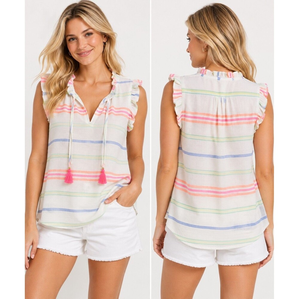 Vineyard Vines Guava Multi Stripe Popover Top Women’s S White Ruffle Tassel NWT